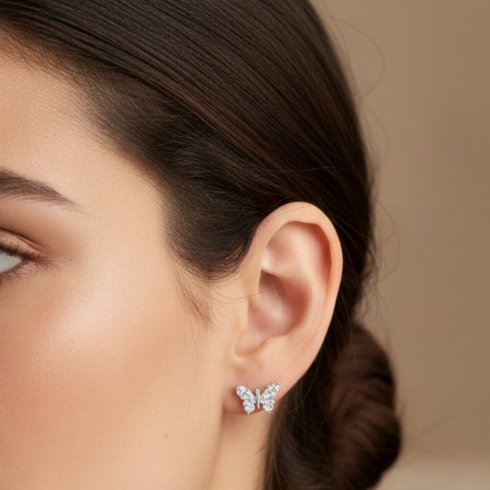 Tiny 14k White Gold And Diamond Butterfly Post Earrings 0.12 Carat Weight